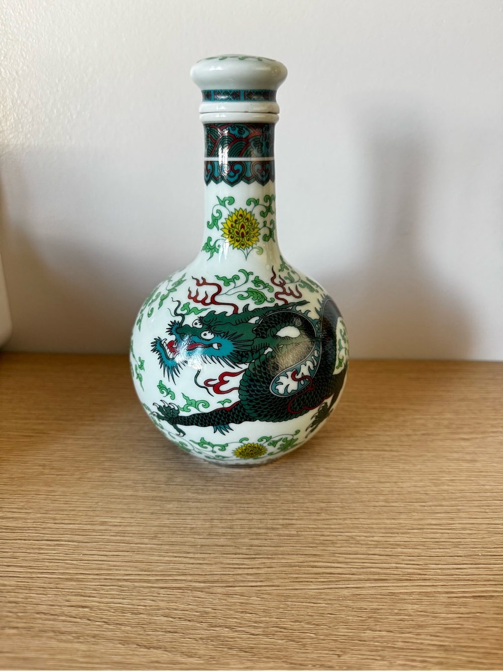 Round Porcelain Dragon Decanter - Green and Teal Motif